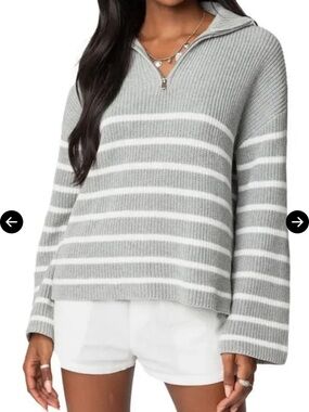 FCT With Love Striped Quarter-Zip Knit Sweater - Gray/White